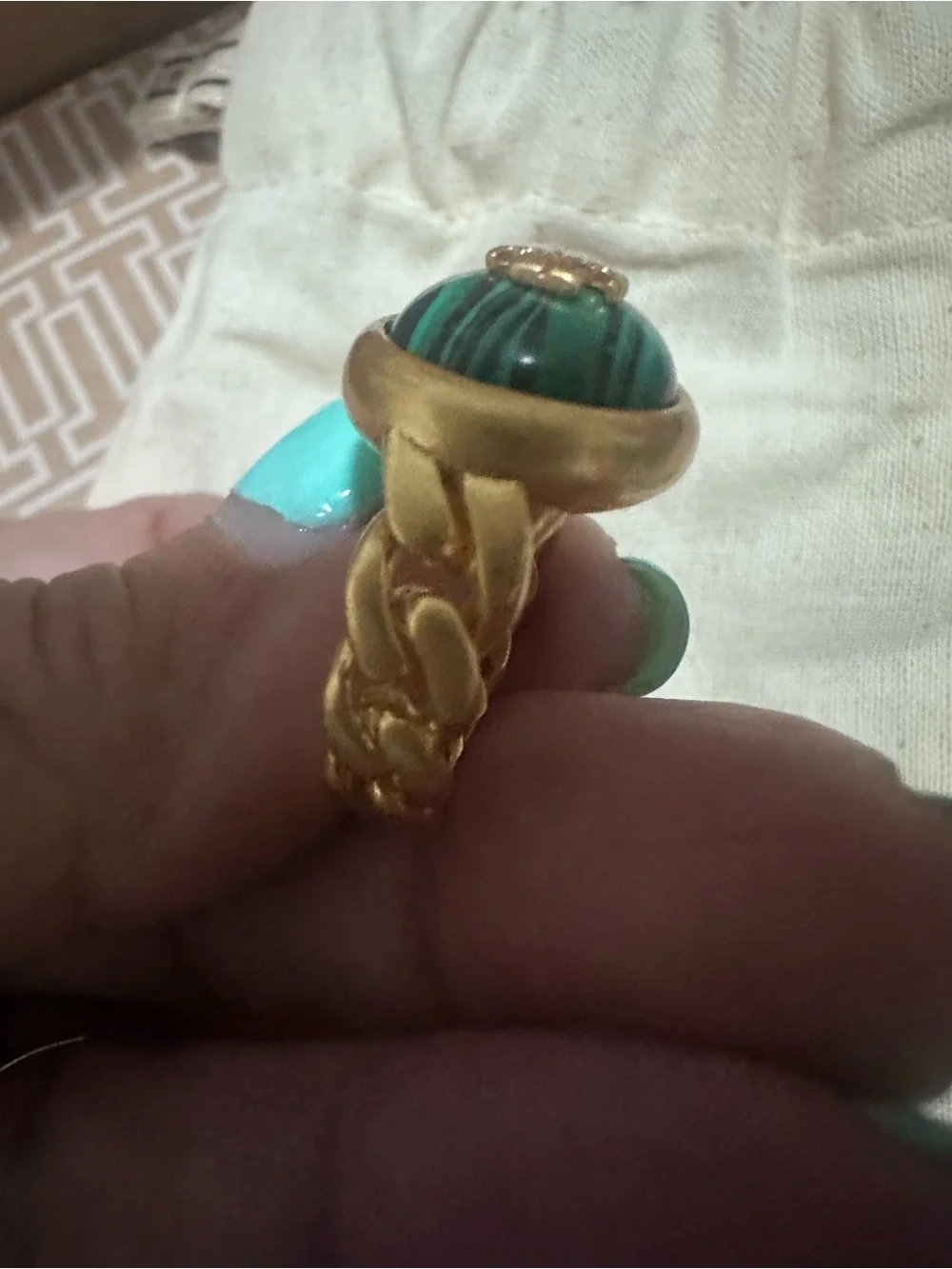 Tory Burch Gold Ring with Green Malachite Center New with pouch